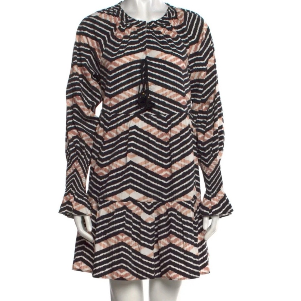 Figue $395 Chevron Striped Long Sleeve Mini Linen Dress Fairy Bohemian Resort XS
